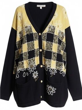 Vintage Floral Embroidered Checkered Knit Cardigan Sweater - Size XL / 1X